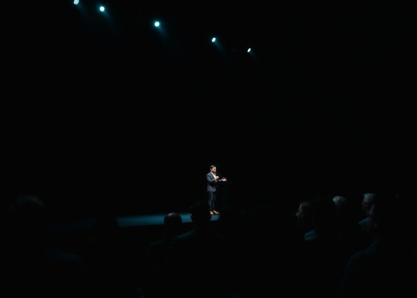 A speaker addressing an audience on a minimal, dimly lit stage